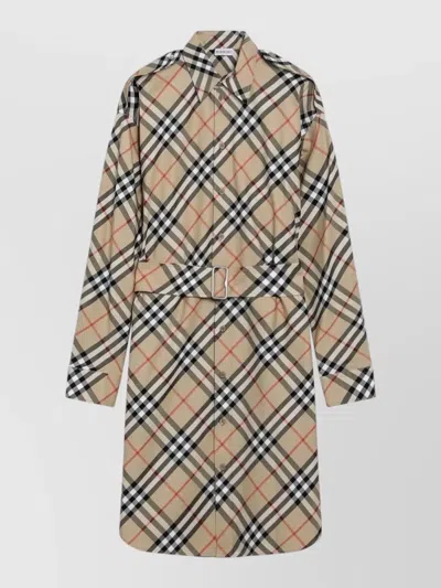 Burberry Check Belted Shirt Dress Collared Long Sleeves In Multi