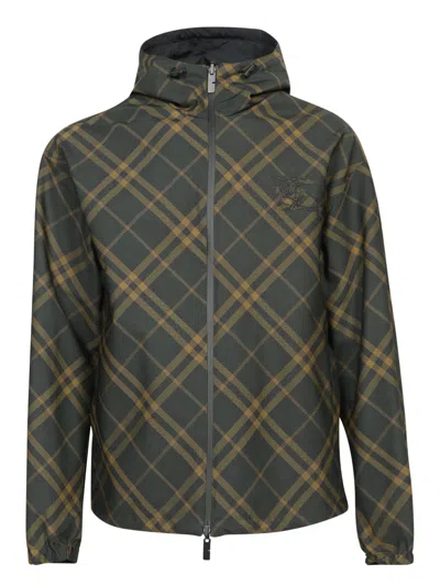 Burberry Check Black Windbreaker Jacket In Green