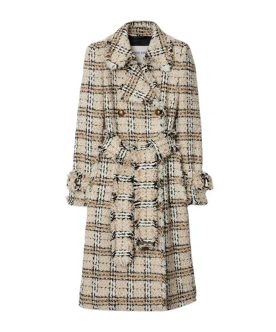 BURBERRY BURBERRY CHECKED BELTED WAIST FRINGED TWEED COAT