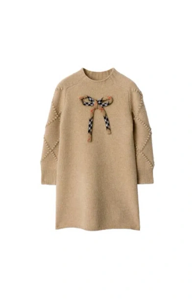Burberry Kids'  Check Bow Wool Cashmere Dress In Brown