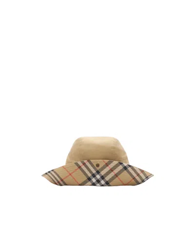 Burberry Check Brim Gabardine Bucket Hat In Flax