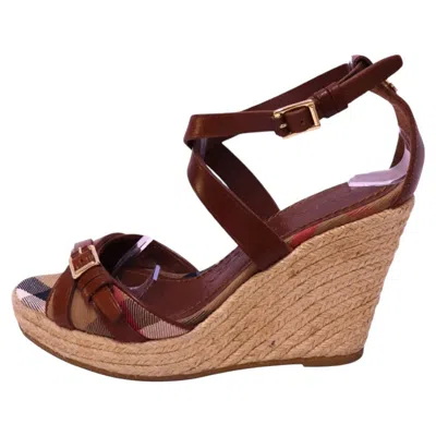 Pre-owned Burberry Check Canvas & Brown Leather Espadrille Wedge Sandals - Eu 38