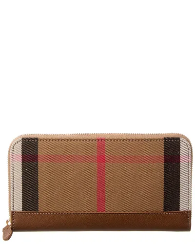 Burberry Check Canvas & Leather Zip Around Wallet In Brown