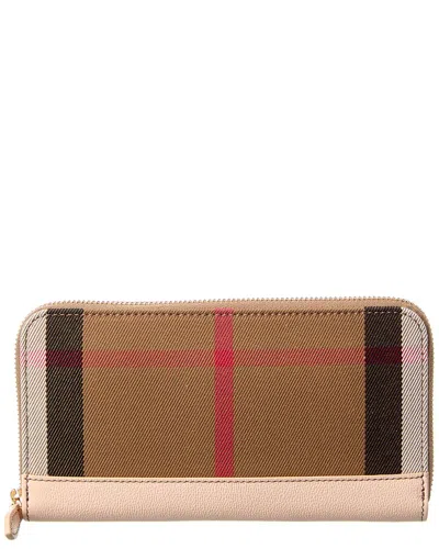 Burberry Check Canvas & Leather Zip Around Wallet In Brown