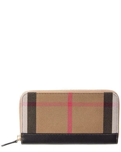 Burberry Check Canvas & Leather Zip Around Wallet In Brown