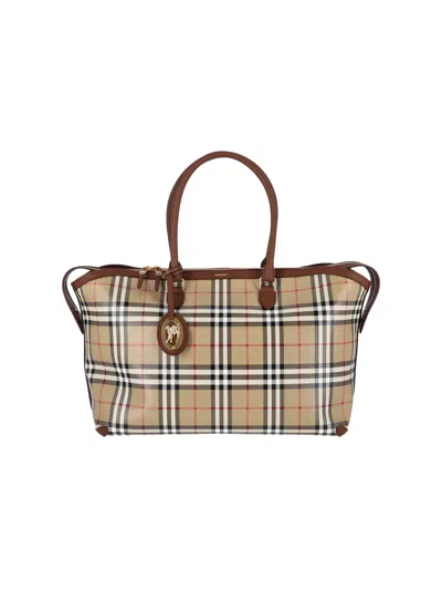 Burberry Check Canvas Tote Bag In Beige