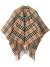 Burberry Charlotte Cape With Plaid Pattern And Fringe In Brown