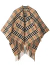 Burberry Charlotte Cape With Plaid Pattern And Fringe In Brown
