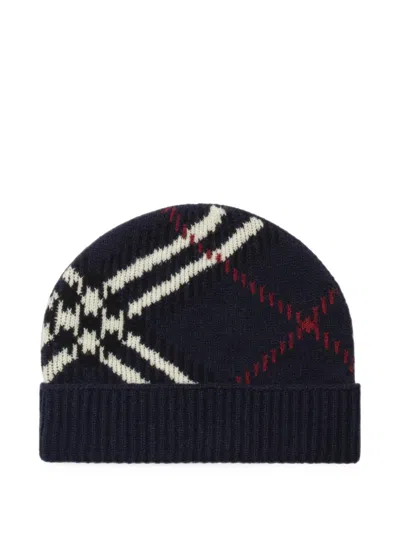 Burberry Check Cashmere Blend Beanie In Blue