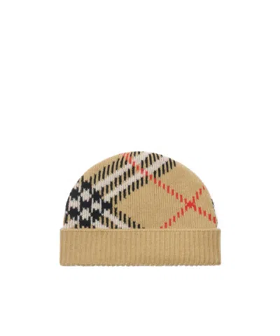 Burberry Check Cashmere Blend Beanie In Brown