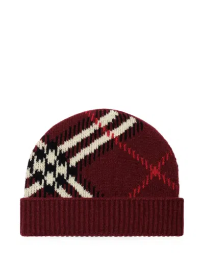Burberry Check Cashmere Blend Beanie In Red