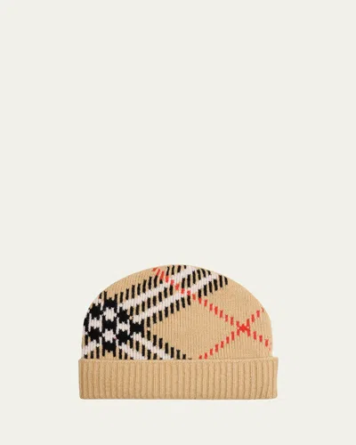 BURBERRY CHECK CASHMERE-BLEND KNIT BEANIE