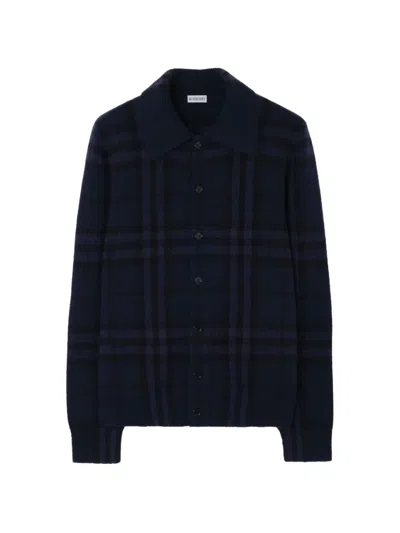 Burberry Check Cashmere Cardigan In Blue