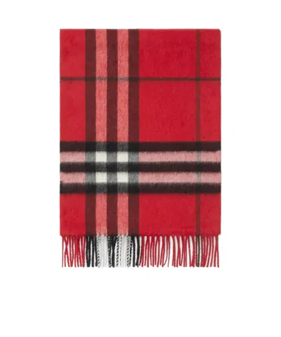 Burberry Check Cashmere Scarf With Fringes In Post Red