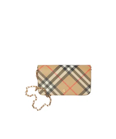 Burberry Check Chain Strap Wallet In Sand