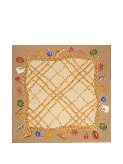 Burberry Beige Charm Collection Printed Scarf In Brown