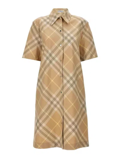 Burberry Check Cotton Shirt Dress In Beige