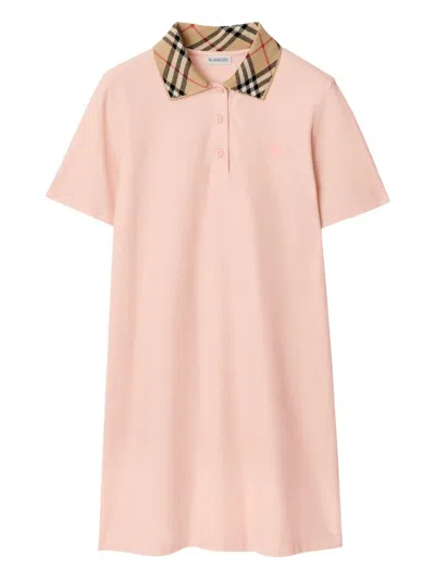 Burberry Cotton Dress Check Collar Embroidered Design In Pink