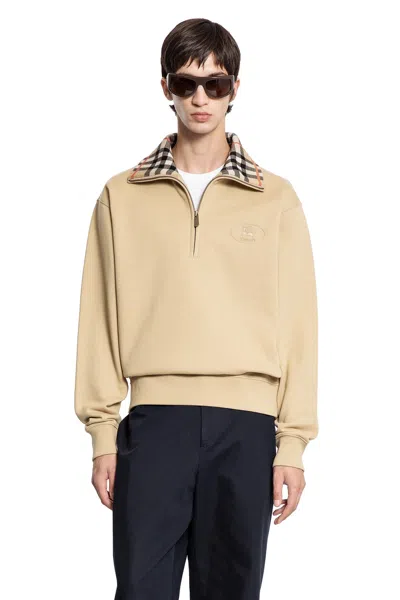 Burberry Check Collar Cotton Half-zip Sweatshirt In Sand