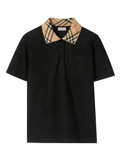 Burberry Check Collar Cotton Polo Shirt In Black