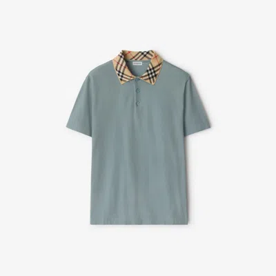 Burberry Check Collar Cotton Polo Shirt In Blue