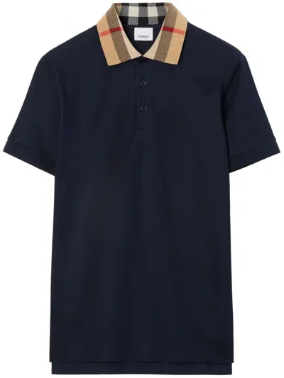 Burberry Check Collar Cotton Polo Shirt In Blue
