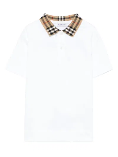 Burberry Check Collar Cotton Polo Shirt In White