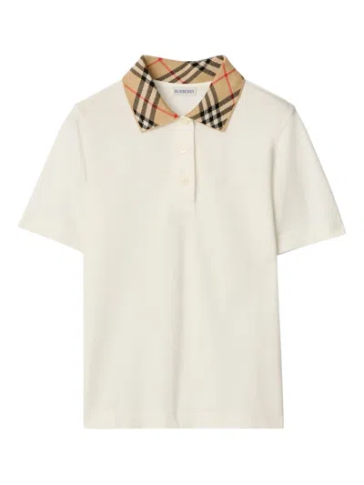 Burberry Check Collar Cotton Polo Shirt In White
