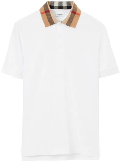 Burberry Check-collar White Polo Shirt With Three-button Placket
