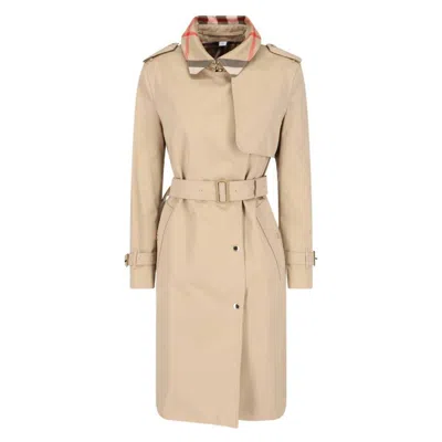 Burberry Check Collar Gabardine Trench Coat In Neutral