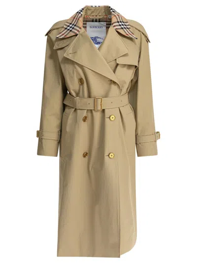 Burberry Check Collar Long Castleford Trench Coat Clothing In Green