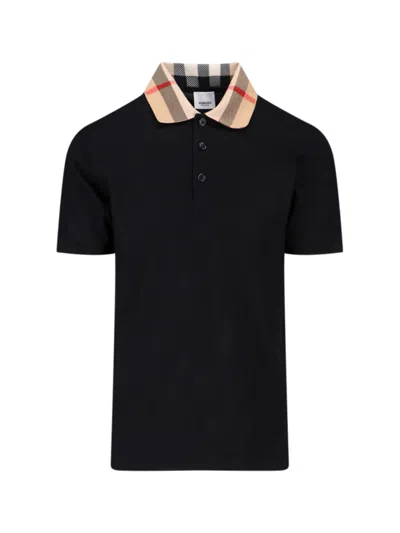 Burberry Check Collar Cotton Cody Polo Shirt In Black