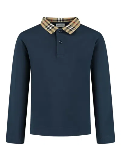 Burberry Kids' Check-collar Polo Shirt In Blue