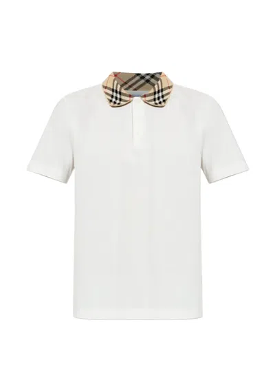Burberry Chalk White Cotton Pique Polo Shirt With Check Collar
