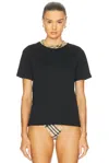 Burberry Black Crewneck T-shirt With Ckeck Motif On The Collar In Cotton Woman
