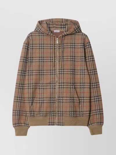 Burberry Check Cotton Blend Hooded Sweatshirt With Zip In Brown
