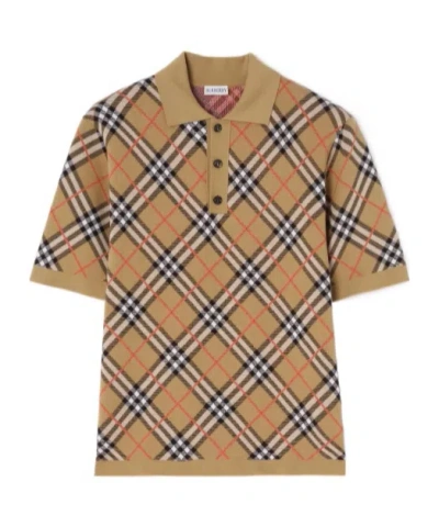 Burberry Polo Shirt Cotton Blend Embroidery Check In Neutral