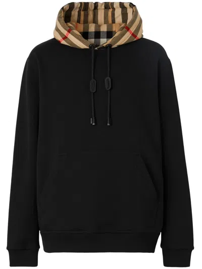 Burberry Check Cotton Hoodie In Black