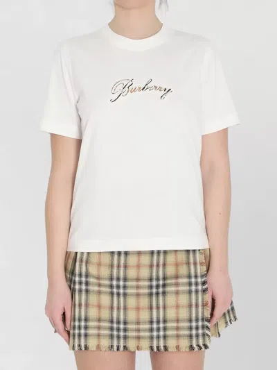 Burberry Check Cotton Jersey Crew Neck T Shirt In White