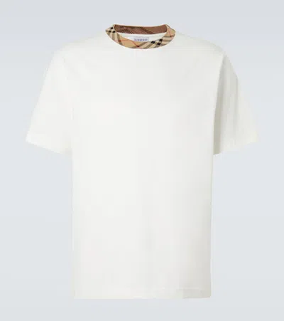 Burberry Chalk White Cotton T-shirt With Check Trim In Ivory