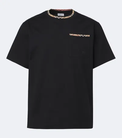 Burberry Cotton Logo T-shirt With Checkered Trim And Chest Pocket In Black