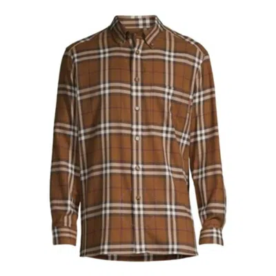 Burberry Button-down Collar Check Cotton Flannel Shirt In Dark Birch Brown Check