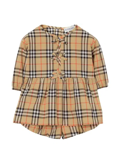 Burberry Babies' Check Cotton Mini Dress In Brown