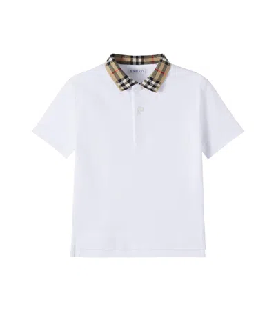 Burberry White Cotton Polo With Check Collar For Kids