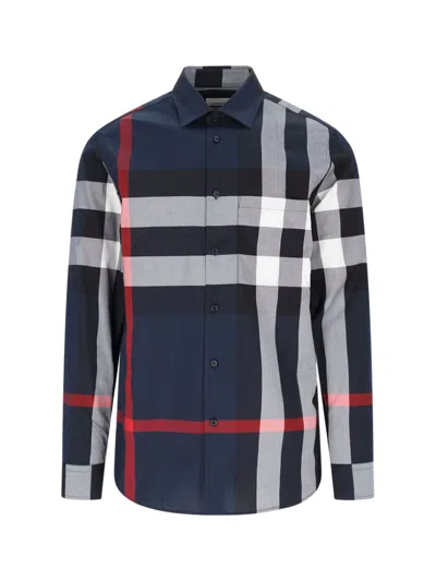 Burberry Check Cotton Shirt In Blue