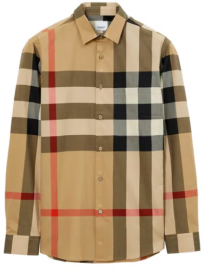 Burberry Check Motif Cotton Shirt In Nude & Neutrals