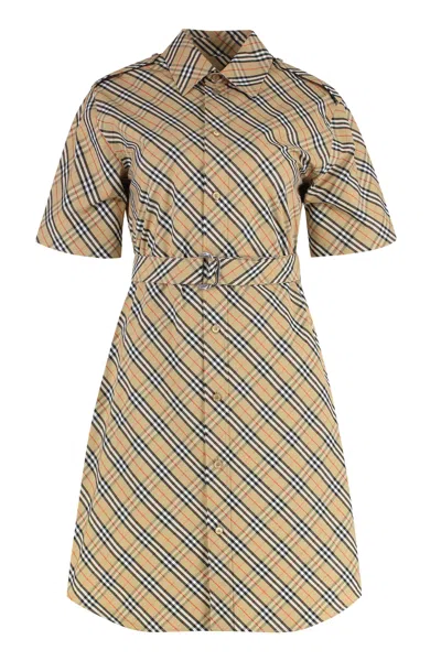 Burberry Check Cotton Shirtdress Dress In Nude