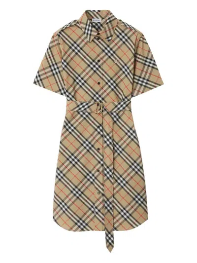 Burberry Check Cotton Shirt Dress Clothing In Sand