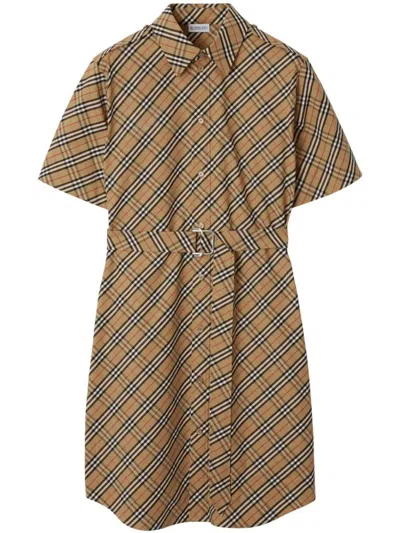 Burberry Check Cotton Shirt Dress Clothing In Brown