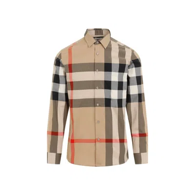 Burberry Check Cotton Shirt Men In Cream